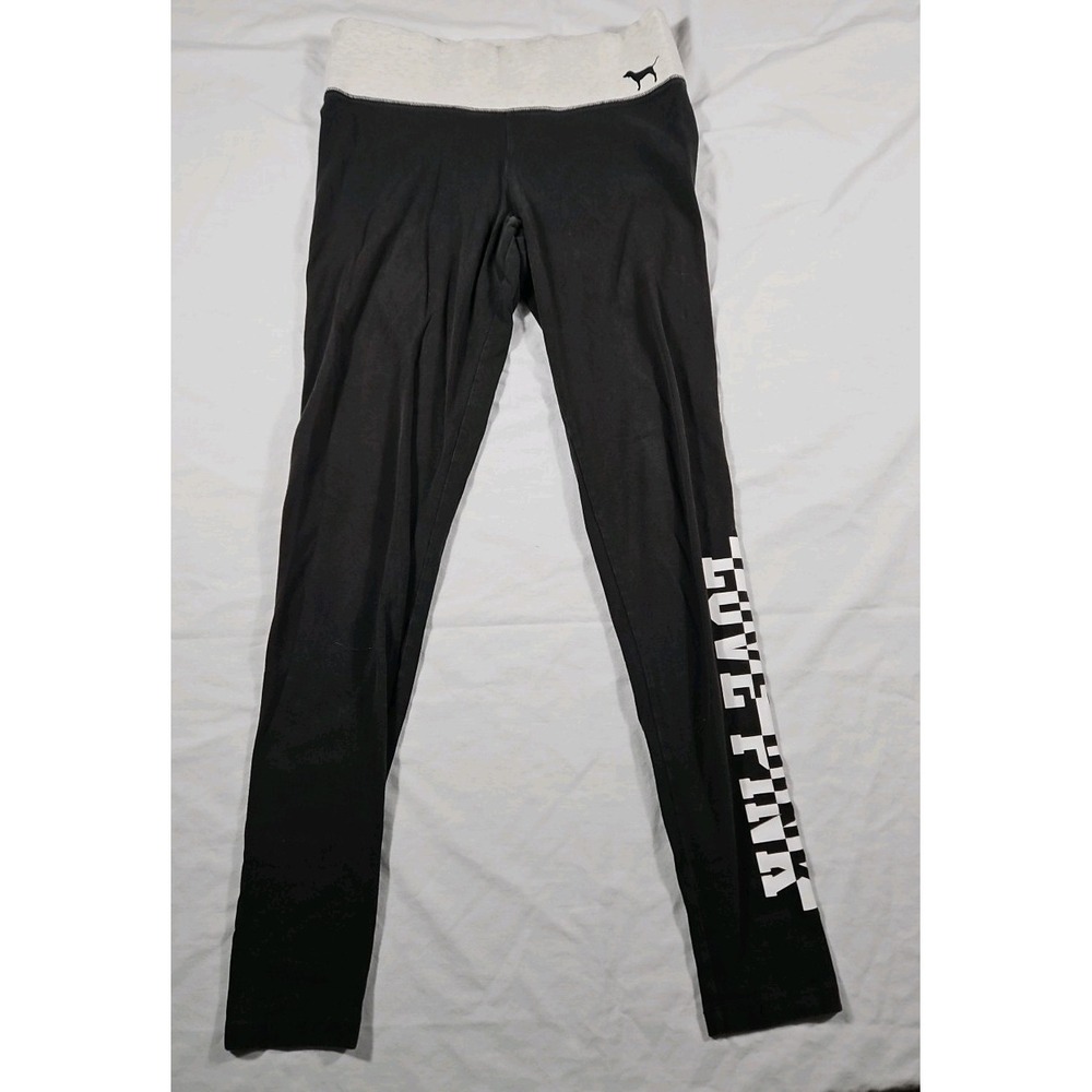 Victoria's Secretpink Size S/P Yoga Pants Black w/ Gray Top "Love Pink" On Leg